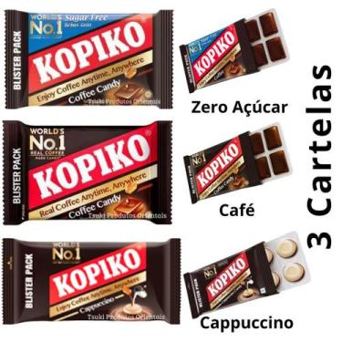 Imagem de Kit balas kopiko cartela - café, cappuccino e sugar free 1x - lotte