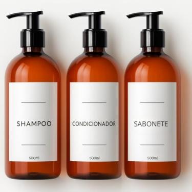 Imagem de Kit 3 Frascos Âmbar Para Shampoo Condicionador E Sabonete Capacidade 500ml Etiqueta Branca