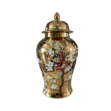 Imagem de Vaso de cerâmica dourado pintado à mão, moderno, jarra de gengibre, porcelana com tampa para sala de estar, quarto, armário de TV, escritório, casamento, decoração artesanal para casa (tamanho: grande