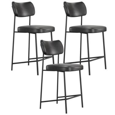 Imagem de Kit 03 Banquetas Baixa Bar Cozinha Sala De Jantar Preto Elira L02 Couríssimo Preto - Lyam Decor