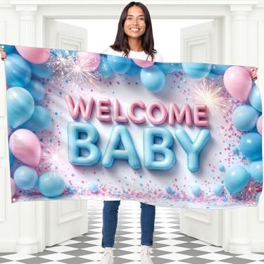 Imagem de Faixa Welcome Baby - Banner para meninos ou meninas 1,5 x 0,9 m - Decorações de bebê em flor - Ele ou ela para chá de bebê ou festa de revelação de gênero