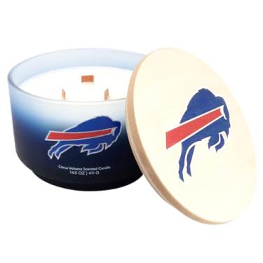 Imagem de Proformance Home NFL Buffalo Bills Vela de vidro gradiente de 411 g com parte superior de madeira estampada