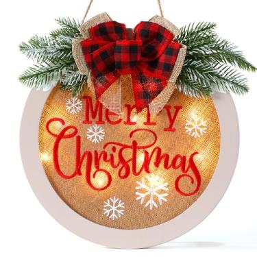 Imagem de HOMCDALY Placa de boas-vindas de Feliz Natal para porta da frente, guirlanda de Natal de inverno com luz, placa de madeira para pendurar na porta da fazenda, decoração de Natal (F-Xmas-branco)