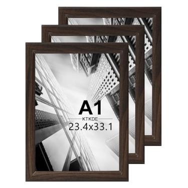 Imagem de KTKDE Conjunto de 3 porta-retratos A1, moldura de pôster de 60 x 84 cm, nogueira de madeira - horizontal ou vertical para pendurar na parede para casa, exposição, moldura grande para fotos, pôsteres