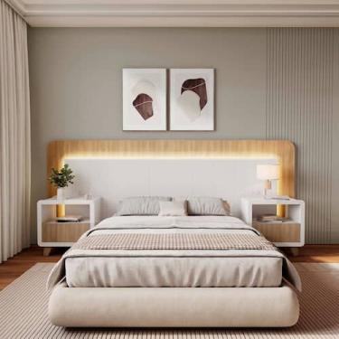 Imagem de Cabeceira Casal Queen com 2 Mesas de Cabeceira Led 3000k e Tomadas 100
