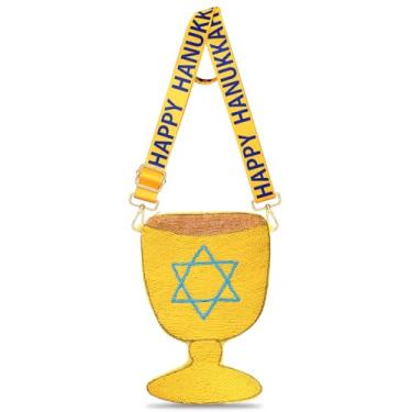 Imagem de CEALXHENY Bolsa feminina Hanukkah com contas estrela de David Menorah Dreidel bolsa de ombro transversal Hanukkah acessórios roupas, Azul, branco