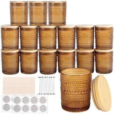 Imagem de CONNOO 16 frascos de vidro de vela de pérola com tampas de bambu natural, recipientes grossos de 200 ml para fabricação de velas com pavios e adesivos, frascos de âmbar de pérola para projetos faça