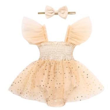 Imagem de Macacão Baby Girl, tule, babado, sem mangas, 6-12 m de damasco - TITKK