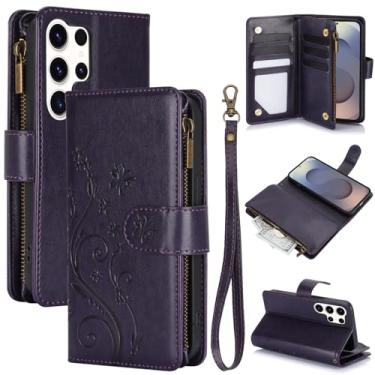 Imagem de Capa carteira para Samsung Galaxy S23 Ultra, couro sintético e TPU à prova de choque, 6 compartimentos para cartões/compartimento para dinheiro/bolso com zíper, fecho magnético, alça de pulso