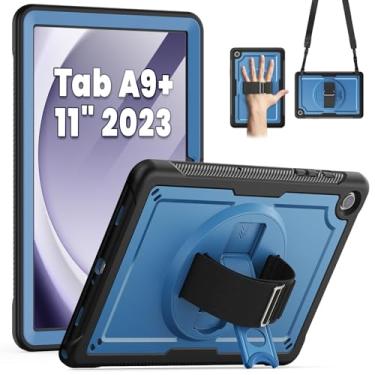 Imagem de SEYMAC Capa para Samsung Galaxy Tab A9+ Plus 11 polegadas 2023 (SM-X210/X216/X218), capa protetora à prova de choque com protetor de tela, suporte giratório e alça de mão/ombro, preto/azul marinho
