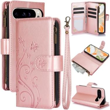 Imagem de Capa carteira para Google Pixel 9 Pro XL, couro sintético e TPU à prova de choque, 6 compartimentos para cartões/compartimento para dinheiro/bolso com zíper, fecho magnético, alça de pulso removível