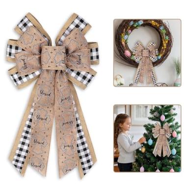 Imagem de Blinket Blessed Easter Bow for Wreath Front Door – Rústico guingão Burlap Wreath Bow Cross Blessed – Grande laço com fio para decoração religiosa interna e externa 21,42 × 20,87 polegadas