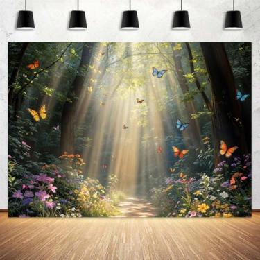Imagem de Fundo de conto de fadas da floresta, fundo de fotografia com tema de flor de borboleta verde, decoração de aniversário de princesa, casamento, crianças, decoração de fundo de festa de bebê, tecido de