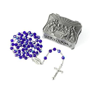 Imagem de WHLHMK Rosário católico para mulheres com caixa de rosário, colar de rosário de contas de cristal azul com caixa de joias vintage da última ceia, contas de oração anglicana, presentes cristãos para
