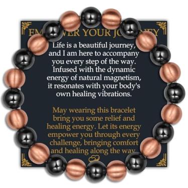 Imagem de Jecanori Pulseira magnética de cobre puro para mulheres e homens, joias de cobre com ímãs de 3800 gauss, braclets de contas elásticas, presente ideal