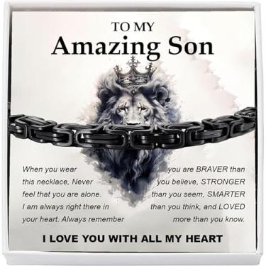 Imagem de KOLMALK Pulseira To My Son - Pulseira de corrente de elos pretos presente de aniversário para filho com cartão de mensagem e caixa, presentes de Natal de formatura, Black Chain, Aço inoxidável, Sem