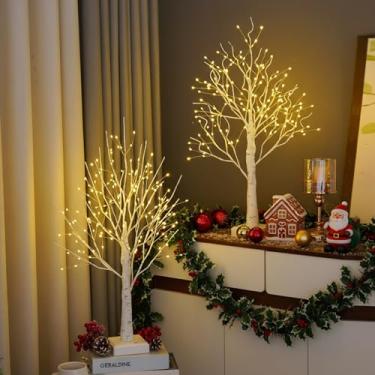 Imagem de Bétula de LED branca com 144 luzes brancas quentes, decoração de árvore de Natal de mesa de 61 cm, temporizador alimentado por USB/bateria, pacote com 2 para festas de férias internas