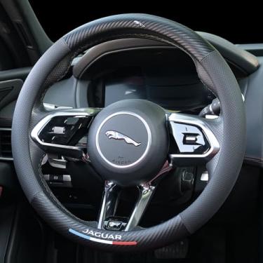 Imagem de Capa de volante de couro de fibra de carbono compatível com Jaguar F-PACE E-PACE XF XE XJ F-Type I-PACE, 37-38 cm universal antiderrapante respirável couro PU Jaguar acessórios interiores