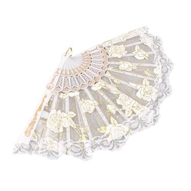 Imagem de Leque de mão branco de Halloween, leque de mão vintage de renda rosa leque dobrável grande espanhol com detalhes dourados para casamentos, dança, festa de Halloween, fantasia de cosplay, adereços para