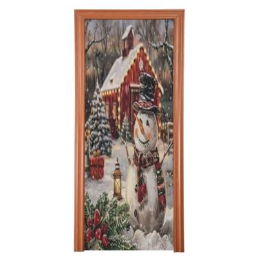 Imagem de Capa de porta de celeiro vermelho de Natal boneco de neve decoração de porta pano de fundo para varanda banheiro festa de férias M35x79in