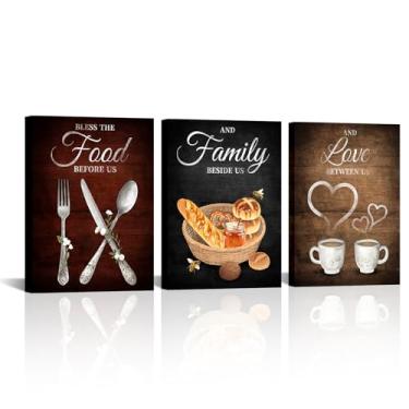 Imagem de Fochorlo Decoração de parede emoldurada Bless The Food Before Us, 91,44 cm x 40,6 cm, arte de parede de cozinha para decoração de parede de sala de jantar (30,5 x 40,6 cm, conjunto de 3, emoldurado