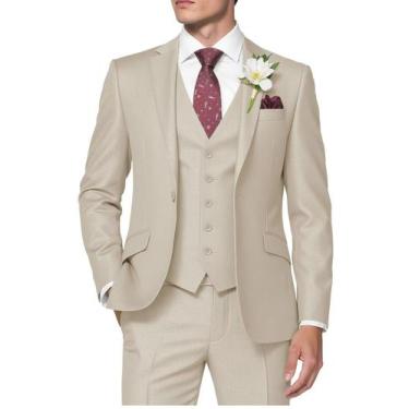 Imagem de Suit HUUTOE Beige Slim Fit para homens com colete e calça social