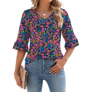 Imagem de Túnica feminina LOMON, primavera, decote em V, manga 3/4, floral