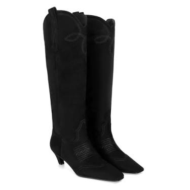 Imagem de DOEYG Botas de camurça caubói cano alto para mulheres, bico fino, botas de vaqueira, salto gatinho, botas ocidentais, botas de cano largo, botas altas modernas, elegantes e confortáveis, Preto, 37