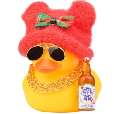 Imagem de MuMyer Decoração de Natal de patos de borracha para painel de carro, lindo pato de borracha de inverno para enfeite de carro com chapéu de malha, óculos de sol, colar, 7,6 cm