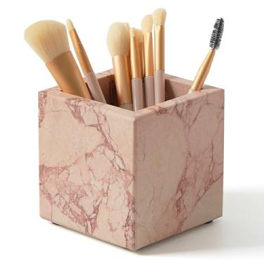 Imagem de Suporte de escova de dentes de mármore natural luxuoso e organizador de pincéis de maquiagem e suporte de caneta para mesa, suporte de utensílios de mármore quadrado de 10 cm, não cerâmica/sem resina