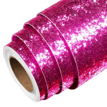Imagem de Livelynine Papel de parede autoadesivo de 40 x 500 cm rosa choque com glitter autoadesivo ultra brilhante brilhante tecido de lantejoulas rosa brilhante brilhante bonito papel de parede feminino para