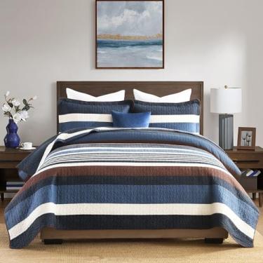 Imagem de KALOOLA Conjunto de colcha Queen Size 100% algodão – Colcha acolchoada leve moderna com 2 fronhas, design listrado impresso contemporâneo, edredom fino para todas as estações, azul/marrom/creme, 3