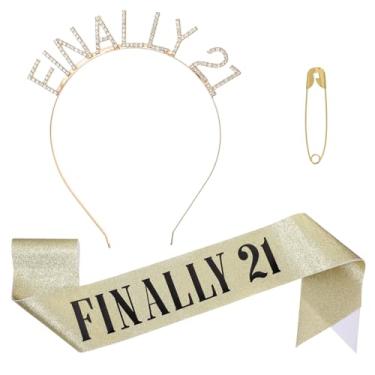Imagem de LXUEJIE Finally 21 Birthday Sash and Rhinestone Crown, 21st Birthday Headband Kit Birthday Party Decoration(Gold)