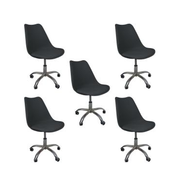 Imagem de Kit 5 Cadeiras Office Base Cromada Com Rodizio Giratória Saarinen Preto