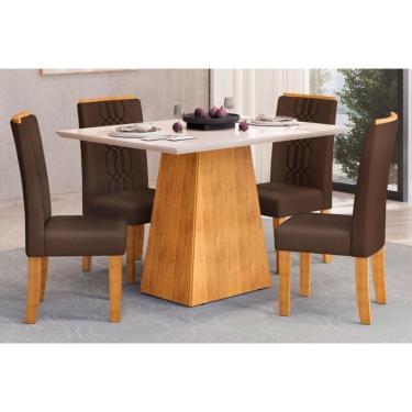 Imagem de Sala De Jantar Completa Dulce Tampo Madeirado C- Vidro Reto 120x90cm E 4 Cadeiras Zoe Cedro-off White - Suede Moca - Dj Móveis