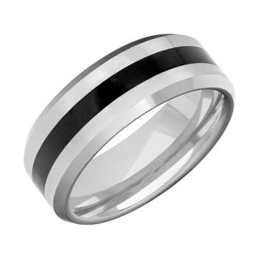 Imagem de Aliança de casamento masculina de carboneto de tungstênio cinza de 8 mm com linha central de resina preta, bordas chanfradas, acabamento acetinado, anel de ajuste confortável de perfil plano – durável