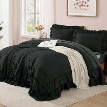 Imagem de AMBERSPACE Conjunto de edredom completo, preto, com babados, chique, 7 peças, cama de fazenda para todas as estações em uma bolsa com lençóis, fronhas e fronhas