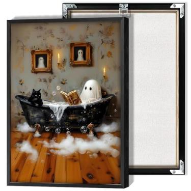 Imagem de Halloween Ghost Black Cat Bubblebath Canvas Posters Banheiro Cute Ghost Wall Art Goth Dark Academia Spooky Bubblebath Impressão Pintura para Sala de Estar Quarto Decoração de Parede 20 x 30 cm Sem