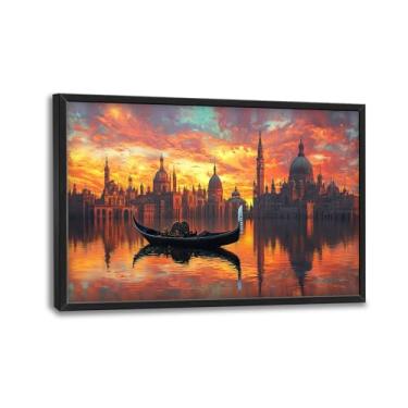 Imagem de Arte de parede de Veneza da Itália, decoração de parede de imagens de gôndolas, impressões em tela da Basílica de Santa Maria do Gran Canal, pintura de paisagem do horizonte do pôr do sol, arte