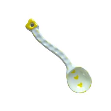 Imagem de Colheres de Jantar 2 pçs colher de sopa cerâmica bonito alça dobra única pequena, sobremesa perfeita para café da manhã, sobremesas(Yellow)