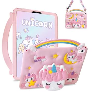 Imagem de Capa para iPad 10ª geração de 10,9 polegadas 2022 para iPad A16 11ª geração com linda capa infantil Kawaii desenho animado unicórnio 3D com suporte e alça de ombro capa de silicone macio (rosa)