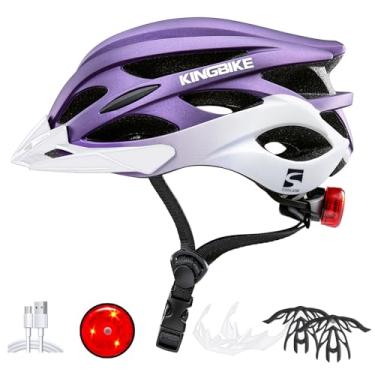 Imagem de KINGBIKE Capacete de bicicleta para adultos homens mulheres jovens capacetes de ciclismo de montanha com luz traseira recarregável USB almofadas internas substituíveis e viseiras leves (roxo, branco