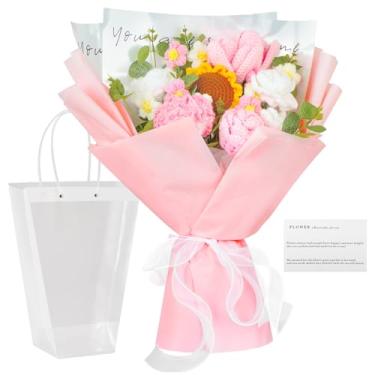 Imagem de Buquê de flores de crochê – 7 peças de flores de fio de malha feito à mão com rosa de tulipa de girassol, presente para mulheres, esposa, mãe, amigas, aniversário, aniversário, decoração de casa