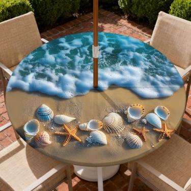 Imagem de Yesad Toalha de mesa redonda para uso ao ar livre com orifício para guarda-chuva, toalha de mesa com zíper e borda elástica, capa de toalha de mesa à prova d'água para piqueniques, serve para mesa