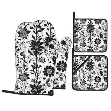 Imagem de Conjunto de luvas de cozinha com estampa de damasco com suportes de tampa, luvas de forno resistentes ao calor para manusear panelas quentes, grelhar, churrascos, kit de 4 peças.