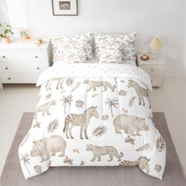 Imagem de Jogo de cama solteiro com estampa de animal safári africano, hipopótamo, leopardo, hipopótamo e leopardo, para crianças, meninos, meninas, rústico, campo, em uma bolsa, para decoração de quarto de