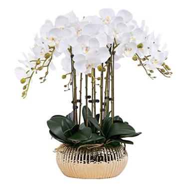 Imagem de Conjunto de flores artificiais, flores artificiais Phalaenopsis com plantador, orquídea artificial grande em vaso, flor falsa para sala de estar