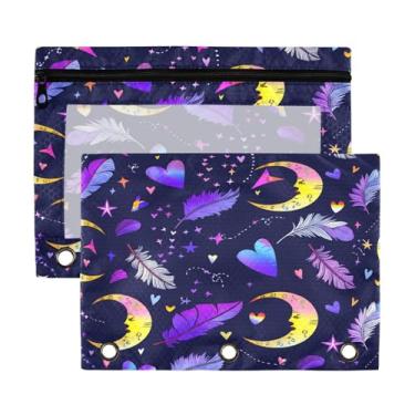 Imagem de Wassud Bolsa de lápis para fichário de 3 anéis, luas, estrelas, bolsas com zíper, serve para fichários padrão para escritório, pacote com 2