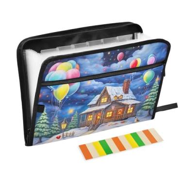Imagem de Wassud Casa de Natal com boneco de neve, organizador de arquivos sanfonado, 13 bolsos, pastas expansíveis com abas e adesivos, organizador de pastas de documentos de recibo de papel tamanho carta A4
