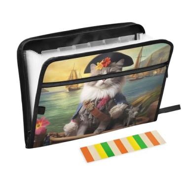 Imagem de Wassud Gato pirata (4) Organizador de arquivos sanfonado com 13 bolsos, pastas expansíveis com abas e adesivos, organizador de pastas de documentos de recibo de papel tamanho carta A4 para viagens de